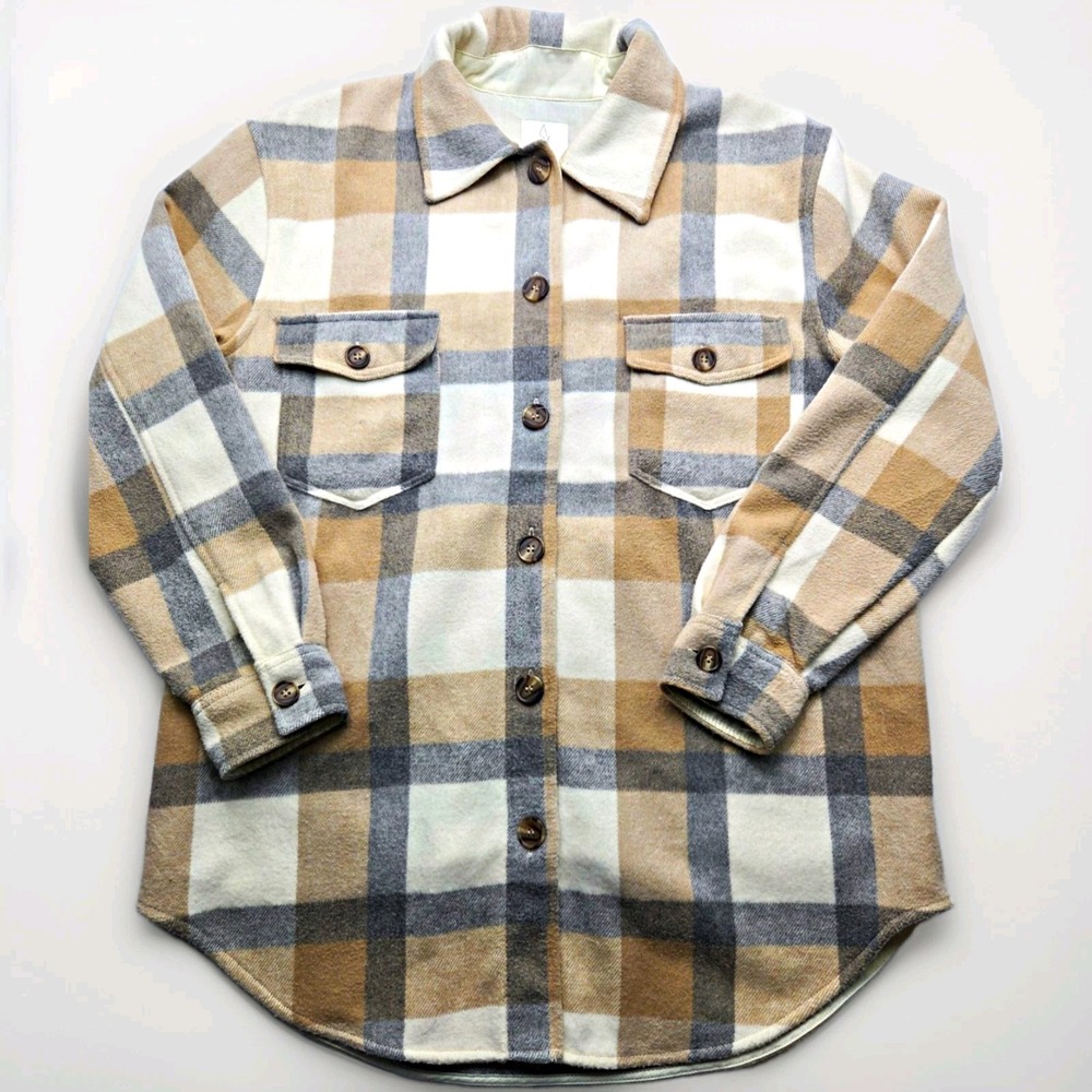 Joie Womens Large Plaid Shacket Beige Gray Wool Blend Button Shirt Jacket